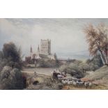 Edwardian watercolour unsigned, extensive study of Tewkesbury Abbey with figures, cattle and sheep