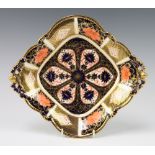 A Royal Crown Derby Imari pattern diamond shaped dish with pierced handles 29cm