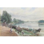 Watercolour, Thames scene with barges, towpath and figure, indistinctly signed and dated 1890 30cm x