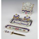 A modern Dresden desk set comprising 2 section paper holder decorated with flowers 14cm, a ditto 2