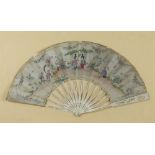 A 19th century Chinese painted fan decorated with figures in a garden with pierced bone sticks 25.