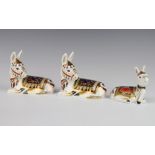 Three Royal Crown Derby Imari pattern donkey paperweights - donkey foal with gold stopper 8cm,