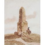 19th Century watercolour unsigned, figures sitting beside a column overlooking a coastal view "The