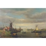 Jurrien Marinus Beek (1879-1965), oil painting, Dutch estuary scene with windmills 39cm x 59cm