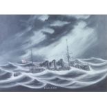 Early 20th Century gouache unsigned "HMS Bedford" in choppy moonlit sea 39cm x 55cm