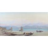 Charles Vacher (1818- 1883), watercolour a view of Carrara mountain, Tuscany with with fishing boats