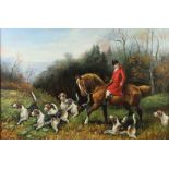 20th Century oil on board, huntsman with hounds 59cm x 89cm, unsigned