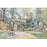 Watercolour drawing, study of an English country garden with wall, boarders, wheelbarrow and