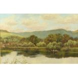 A J Roberton, oil on canvas, study of a river by hillside with boaters, signed and dated 1884,