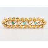 An Edwardian 15ct yellow gold seed pearl and turquoise bar brooch 40mm, 4.7 grams gross