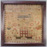 A Victorian woolwork sampler by Barbara Leith with house, motto, alphabet and birds 53cm x 53cm