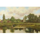 A J Roberton, oil on canvas, study of country church with river and watering cattle signed and dated