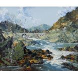 Charles Wyatt Warren (1908-1993), oil on board, mountain scene with river 48cm x 50cm, signed