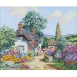 Alan King, oil on canvas, "English Cottages - Dorset" No.3, 24cm x 30cm, signed and signed to the