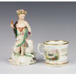A 19th Century mug with landscape views 9cm (some wear to the gilding) and a 19th Century figure