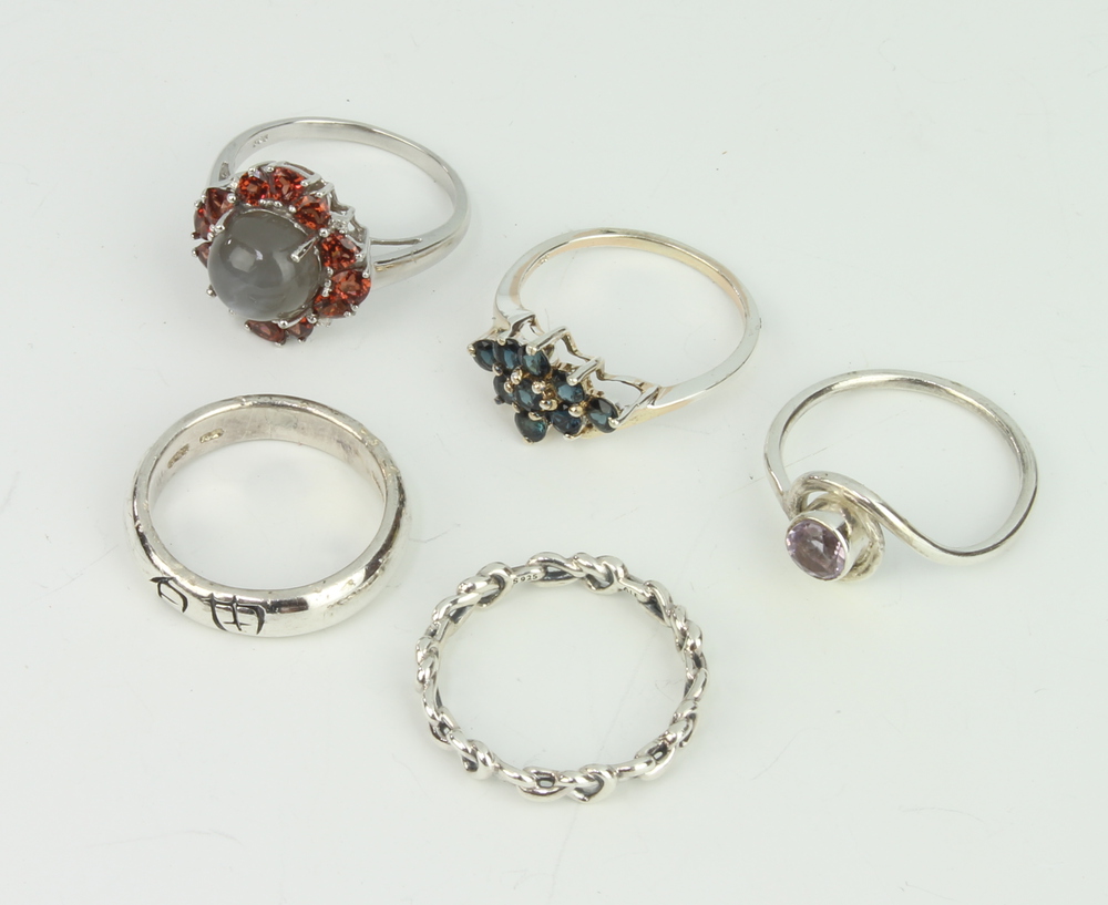 Five silver gem set rings, size N, 14 grams