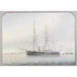 M O'Reilly, watercolour unsigned, "Off Gosport" with a 3 masted ship and distant town 51cm x 71cm