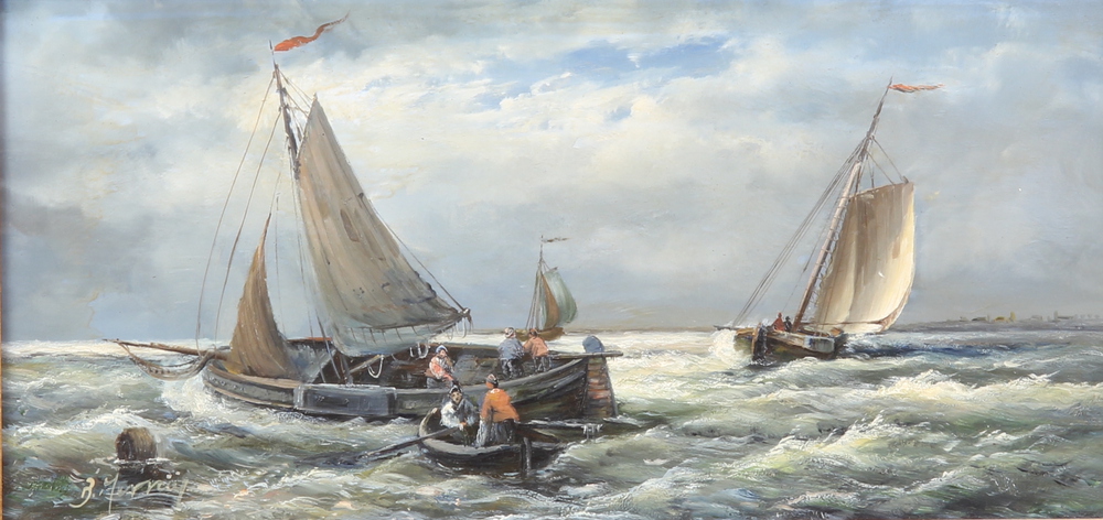 B Murray, oil paintings on board, a pair, fishing boats in choppy seas and fishing boats off a - Image 2 of 5