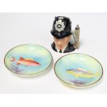 Two Royal Worcester dishes decorated fish "Yellow Grunt" 9cm and "Squirrel" 9cm together with a