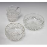 A cut glass water jug 17cm (crack to handle of jug) and 2 cut glass fruit bowls 22cm and 18cm