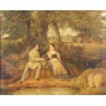 Naive 19th Century oil on canvas unsigned, a couple with sheep beside a pond with distant cattle and