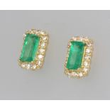 A pair of 18ct yellow gold rectangular emerald and diamond ear studs, emeralds approx. 0.6ct,