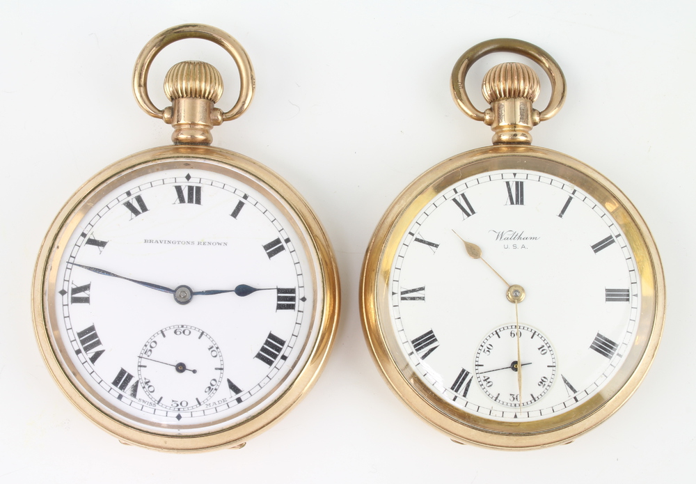 A gentleman's gold plated Waltham pocket watch with seconds at 6 o'clock, a Bravingtons ditto Both