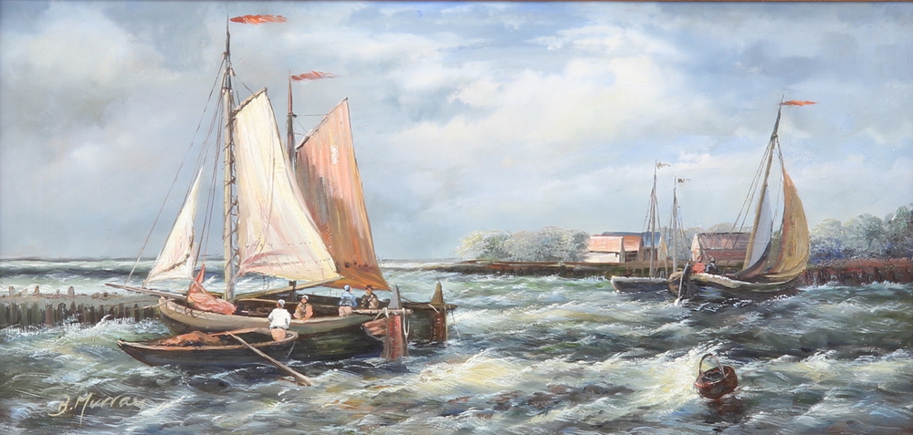 B Murray, oil paintings on board, a pair, fishing boats in choppy seas and fishing boats off a - Image 3 of 5
