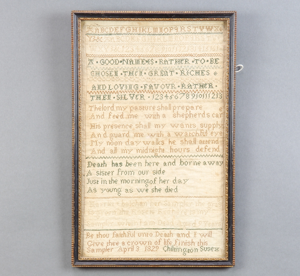 Sampler, a silk stitchwork of alphabets, numbers and verse dated April 3rd 1829, Chiltington Sussex,