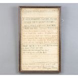 Sampler, a silk stitchwork of alphabets, numbers and verse dated April 3rd 1829, Chiltington Sussex,