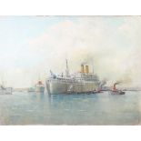 Unsigned 1950's oil on board, study of a P&O Liner in Southampton Water, attended by tugs 70cm x