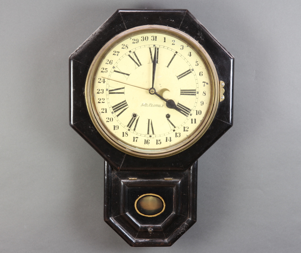 Seth Thomas, a striking wall clock, the 30cm painted dial with Roman numerals, dates and gilt