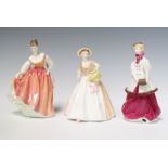 A Royal Doulton figure - Fair Lady (coral pink) HN2835 19cm, 2 Royal Worcester figures - Winter