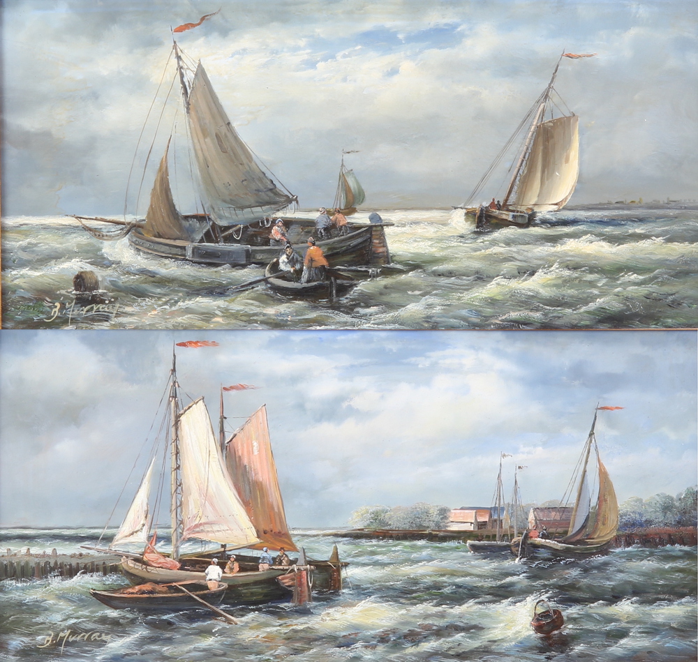 B Murray, oil paintings on board, a pair, fishing boats in choppy seas and fishing boats off a