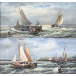 B Murray, oil paintings on board, a pair, fishing boats in choppy seas and fishing boats off a