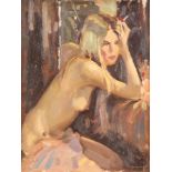 **Ken Moroney, born 1949, oil on board signed, "Between Shows" study of a seated semi-clad lady 22cm