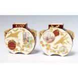 A pair of Victorian aesthetic flattened moon vases decorated with panels of boats and woodland