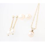 A 9ct yellow gold pearl necklace and ear studs, gross 3.3 grams