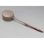 A 17th/18th Century circular pierced copper warming pan with iron and turned wooden handle 10cm x