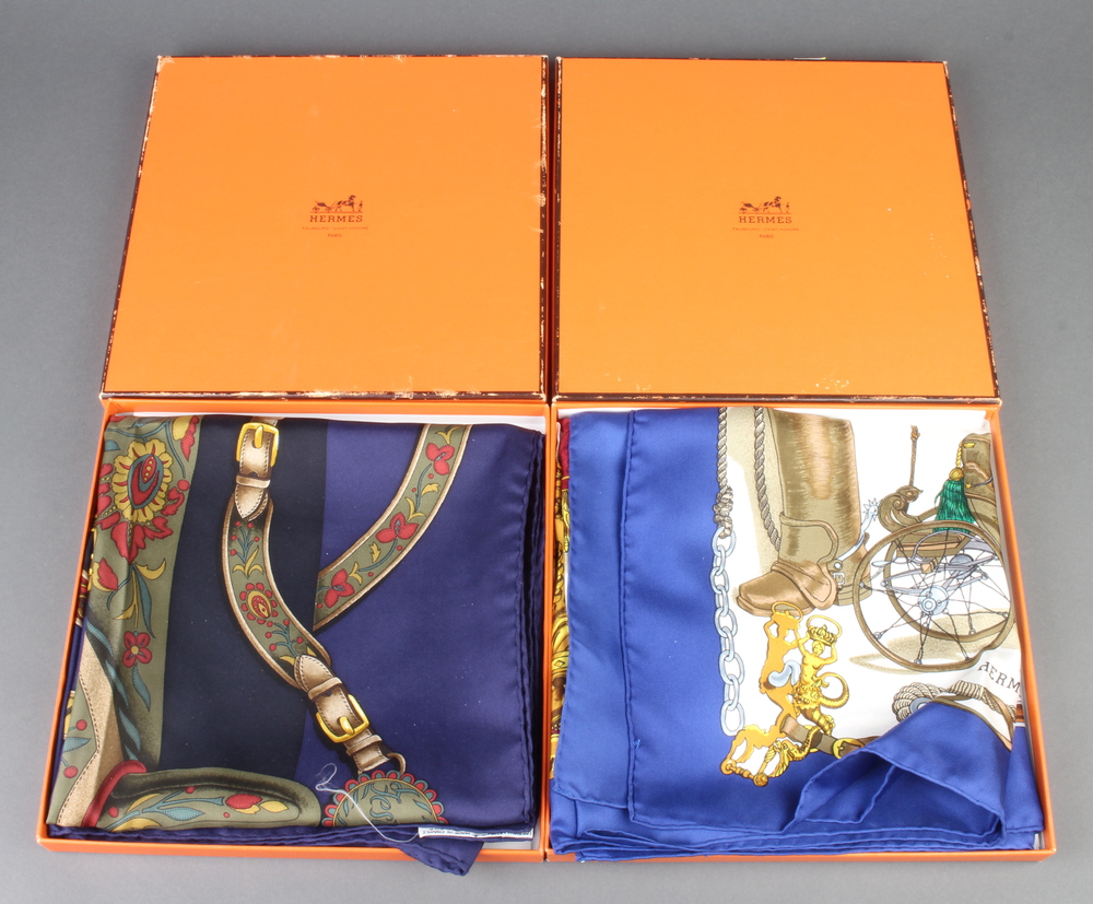 Hermes, two lady's silk scarves - Festival des Amazones and Bateau a Vapeur both boxed, 87cm x