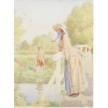 Fred Pegram, watercolour signed, a wistful lady on a bridge with a gentleman fishing, 50cm x 40cm