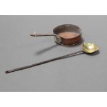 An 18th/19th Century brass and steel long handled basting spoon 59cm l, bowl 12cm x 10cm together