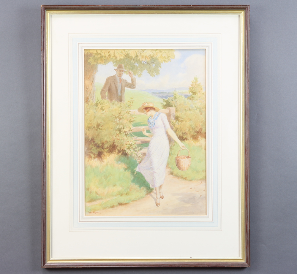 Fred Pegram, watercolour signed, a lady and gentleman at a stile 40cm x 30cm - Image 2 of 2