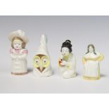 Four Royal Worcester candle snuffers - French Cook 7cm, Japanese Girl 8cm, Owl 8cm and Feathered Hat
