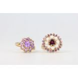 Two 9ct yellow gold amethyst and pearl and garnet cluster rings size L and N, 6.8 grams