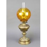A 19th Century embossed gilt metal oil lamp with amber shade and clear glass chimney 59cm h x 18cm
