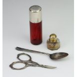 A Victorian silver mounted ruby glass scent bottle London 1883 7cm together with a miniature