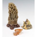 A 2 colour soapstone carving of bamboo 20cm, a ditto of seated Hotei 8cm and a hardstone figure of a