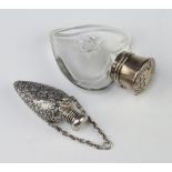 An Edwardian silver mounted heart shaped cut glass scent bottle Birmingham 1907 8cm together with