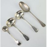 A George III silver ladle 1788, 1 other, a sifter spoon and a dessert spoon 178 grams